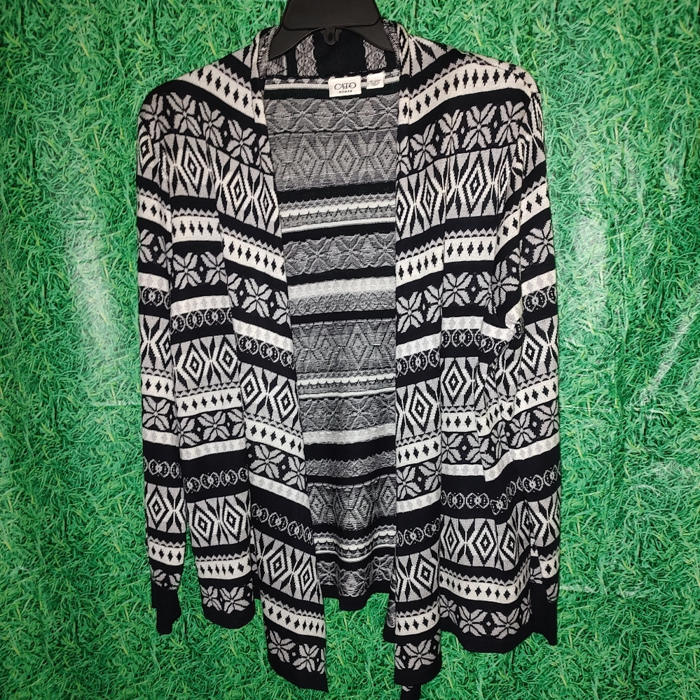 Cato Sweater Cardigan 18/20W Black White Diamond Stripes Print Long Sleeve Cozy